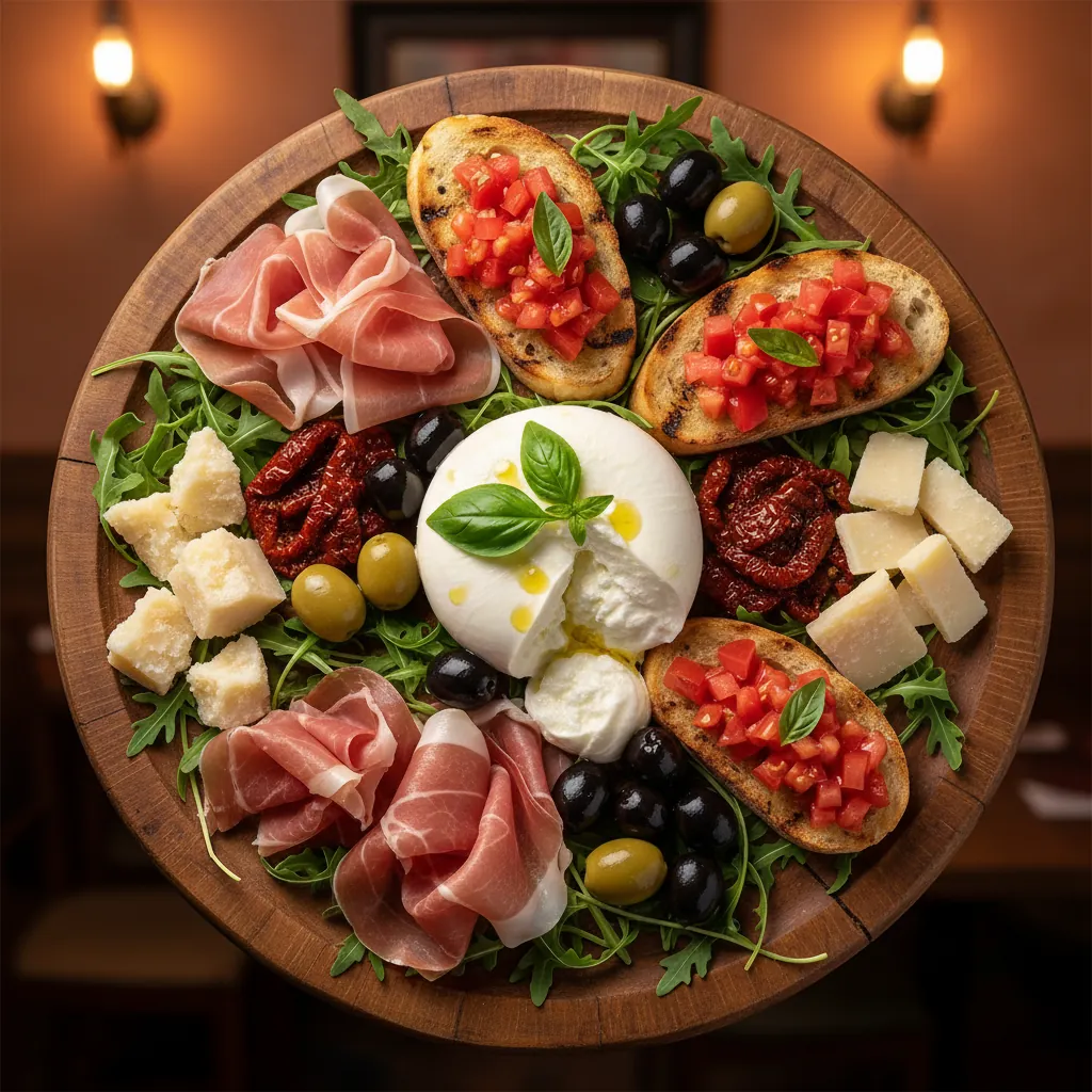 Antipasto paesana schotel met parmaham, mozzarella en bruschetta